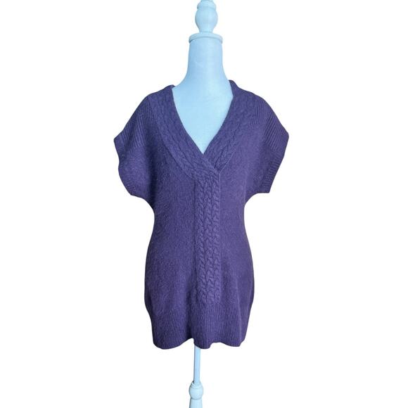 Y2K Purple Cable Knit Sweater Vest Dark Academia V-Neck Fuzzy Angora Blend Sz S - Picture 2 of 8